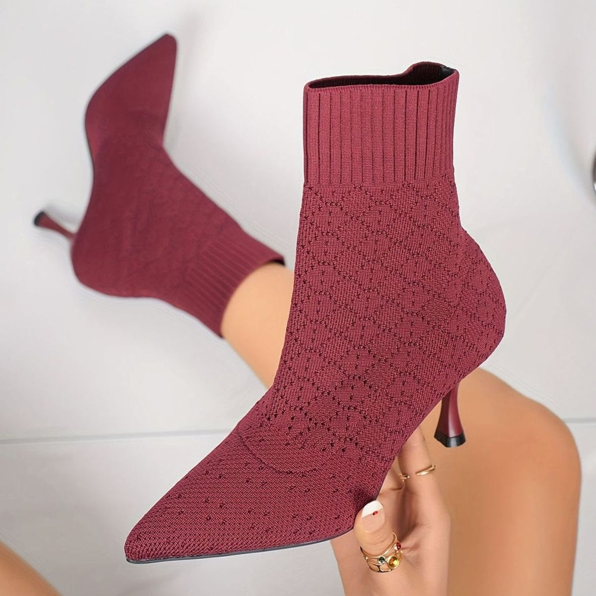 Dames Sokboots met Puntneus en Stiletto Hak - Gebreide Ankle Boots