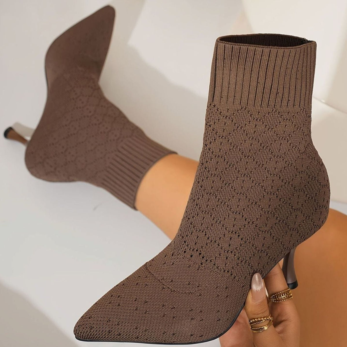 Dames Sokboots met Puntneus en Stiletto Hak - Gebreide Ankle Boots