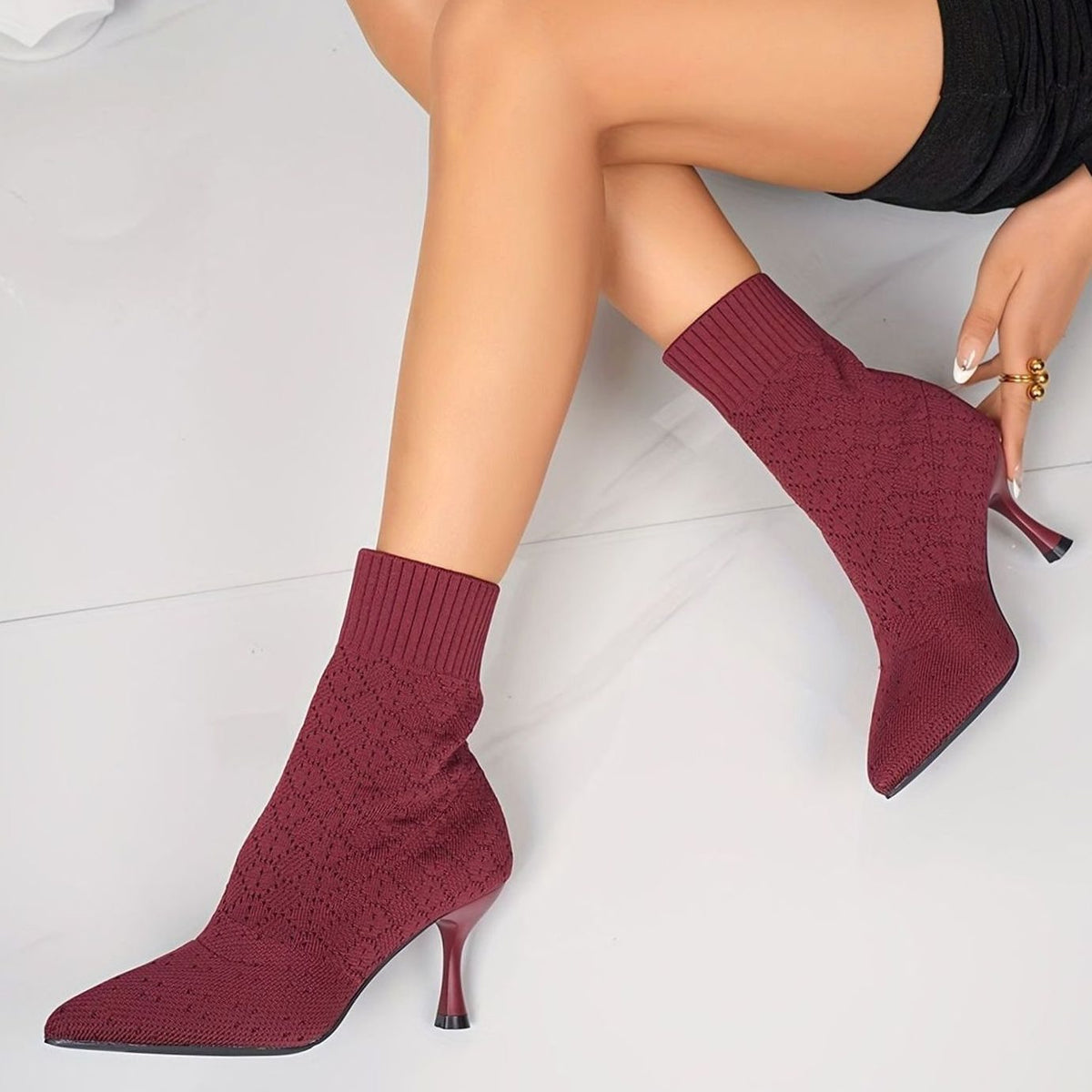 Dames Sokboots met Puntneus en Stiletto Hak - Gebreide Ankle Boots