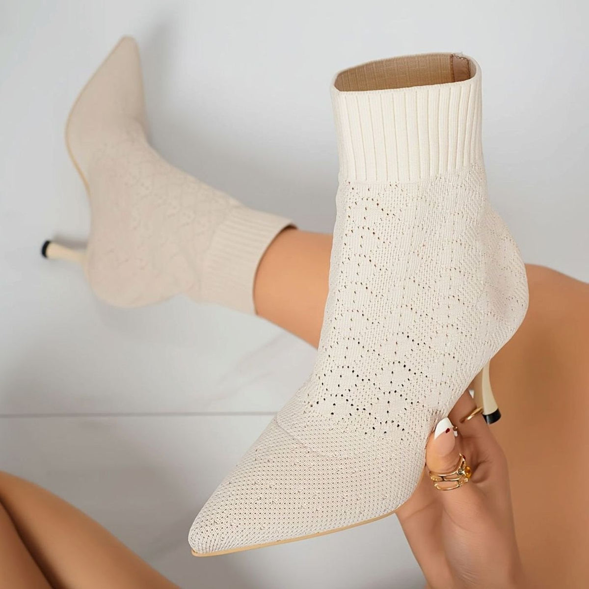 Dames Sokboots met Puntneus en Stiletto Hak - Gebreide Ankle Boots
