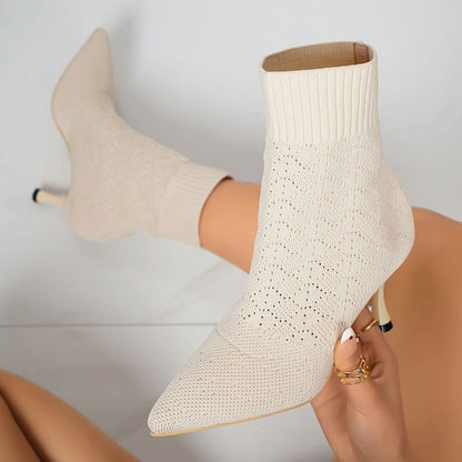 Dames Sokboots met Puntneus en Stiletto Hak - Gebreide Ankle Boots