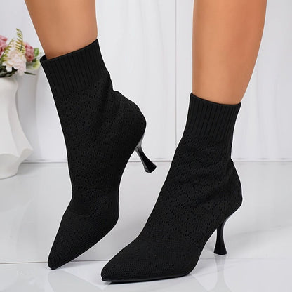 Dames Sokboots met Puntneus en Stiletto Hak - Gebreide Ankle Boots