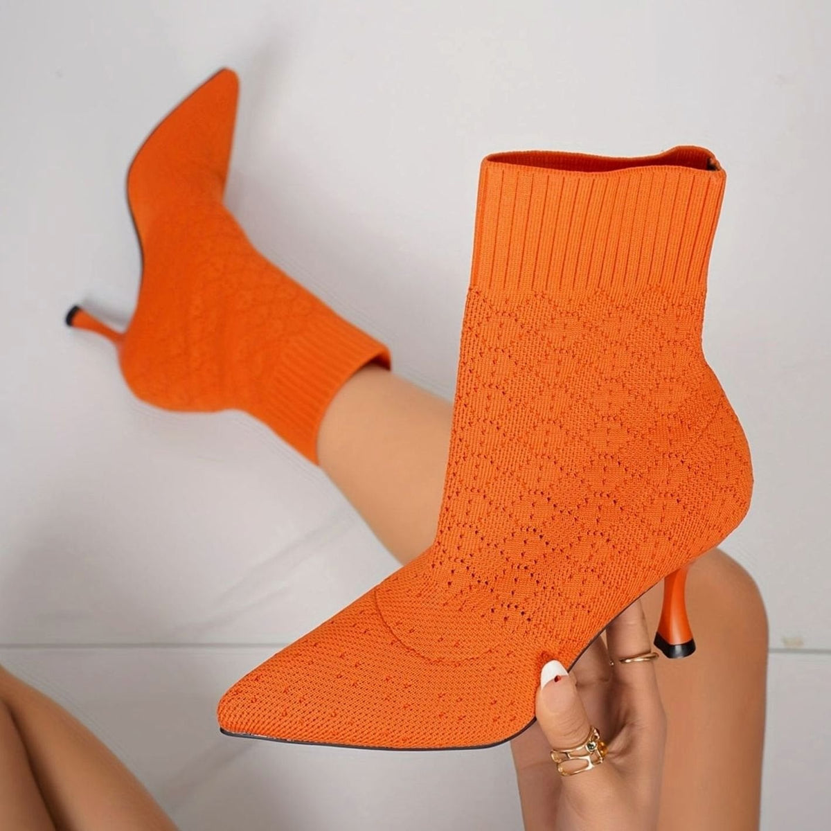 Dames Sokboots met Puntneus en Stiletto Hak - Gebreide Ankle Boots