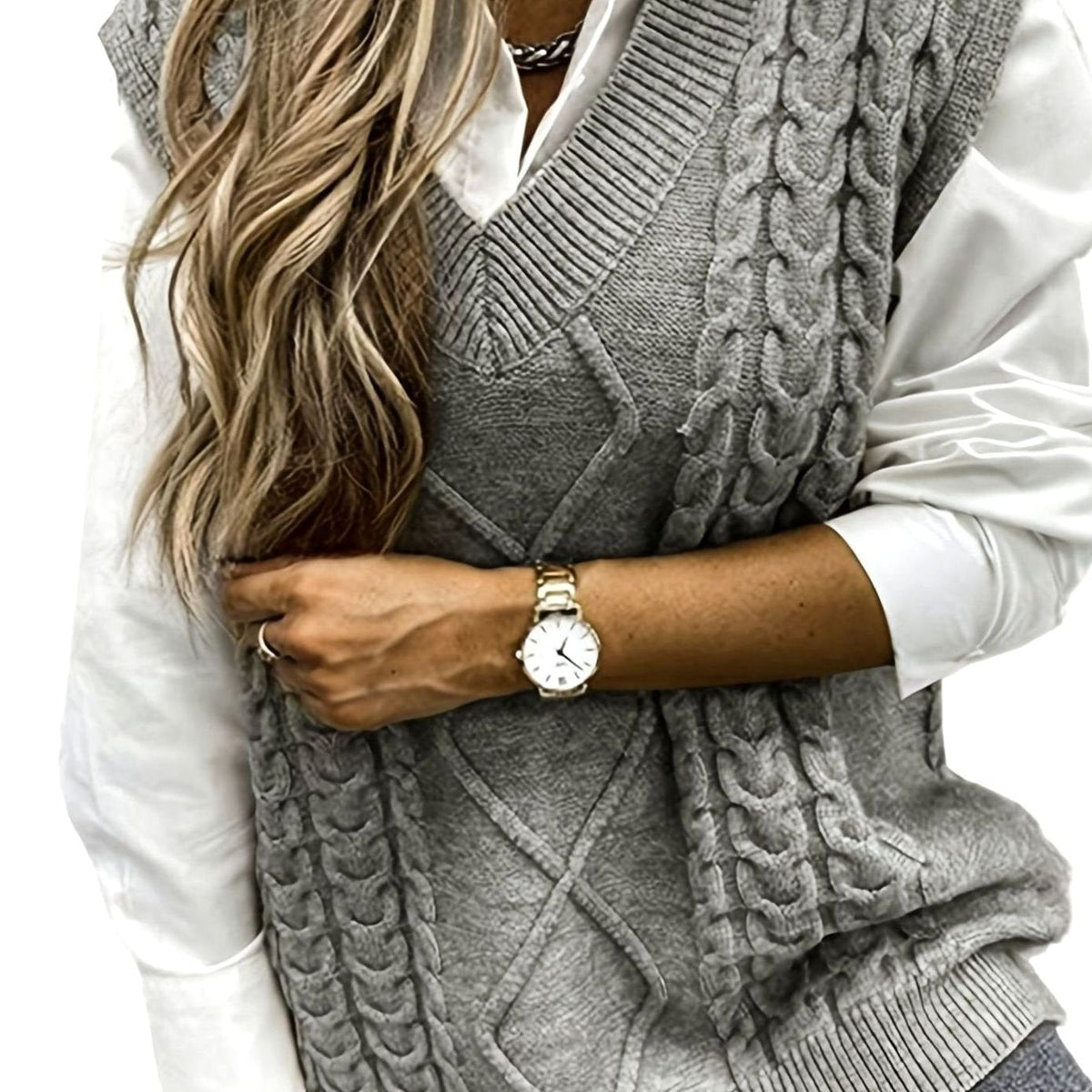 Dames Gebreide Trui Vest met V-hals, Kabelpatroon Relaxed Fit