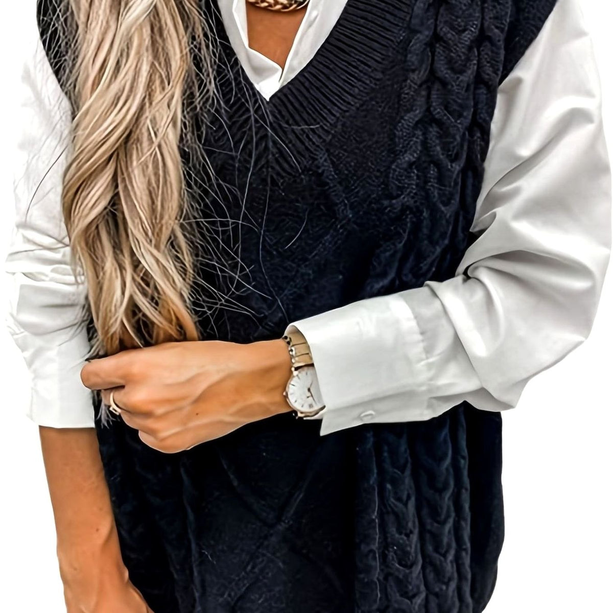 Dames Gebreide Trui Vest met V-hals, Kabelpatroon Relaxed Fit