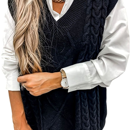 Dames Gebreide Trui Vest met V-hals, Kabelpatroon Relaxed Fit