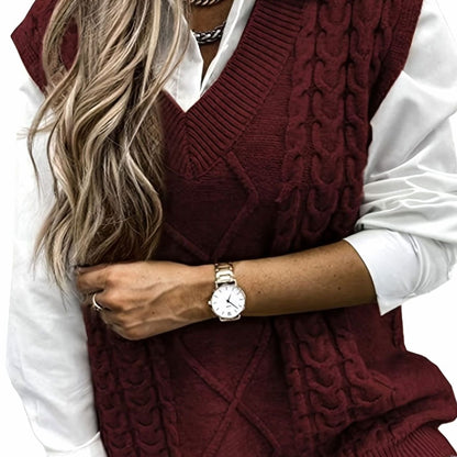 Dames Gebreide Trui Vest met V-hals, Kabelpatroon Relaxed Fit