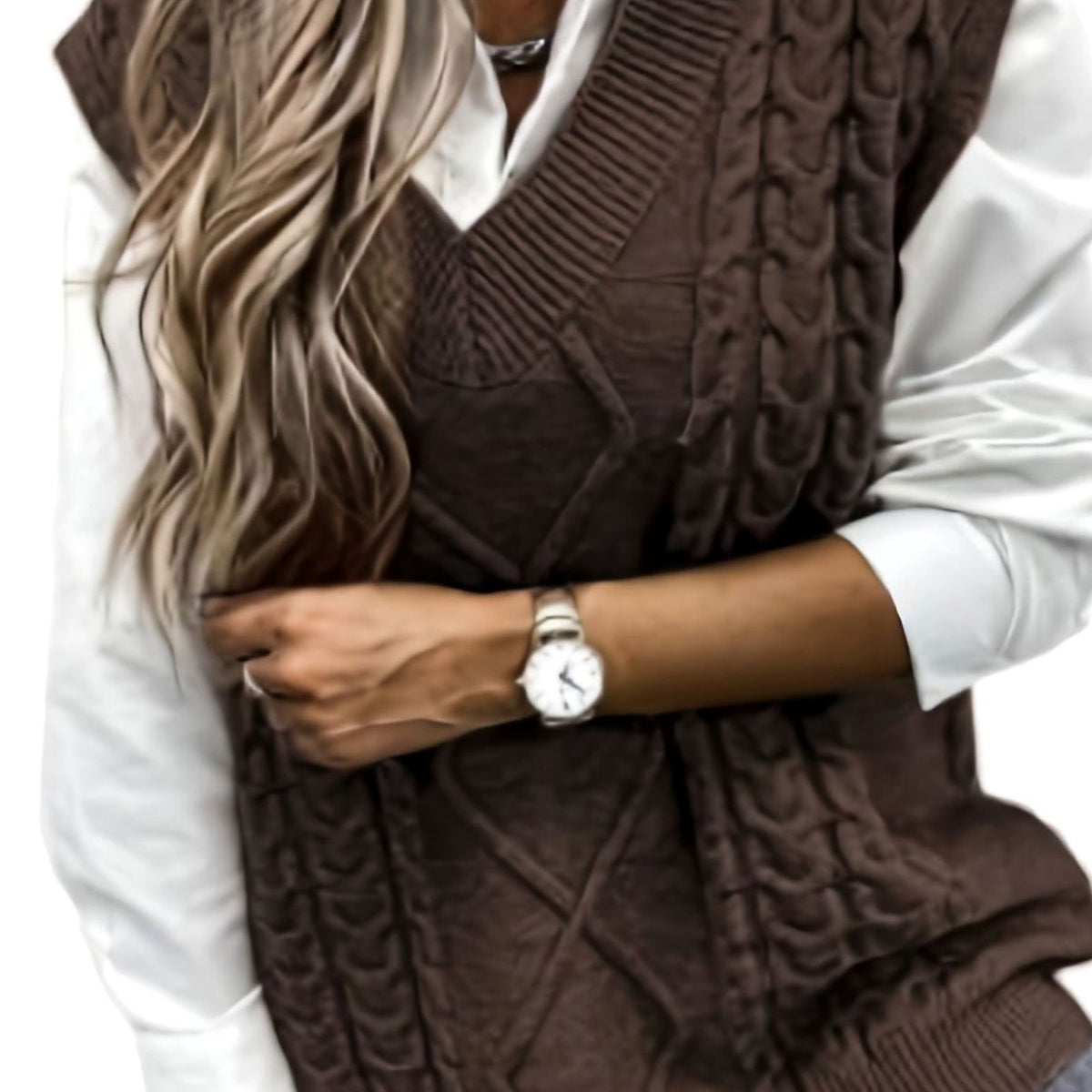 Dames Gebreide Trui Vest met V-hals, Kabelpatroon Relaxed Fit
