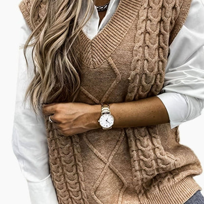 Dames Gebreide Trui Vest met V-hals, Kabelpatroon Relaxed Fit