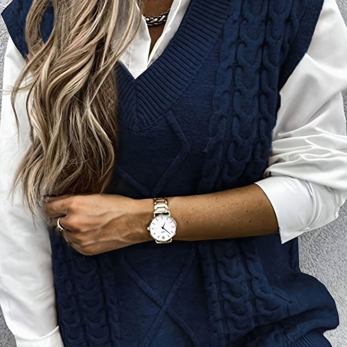 Dames Gebreide Trui Vest met V-hals, Kabelpatroon Relaxed Fit