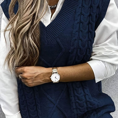 Dames Gebreide Trui Vest met V-hals, Kabelpatroon Relaxed Fit