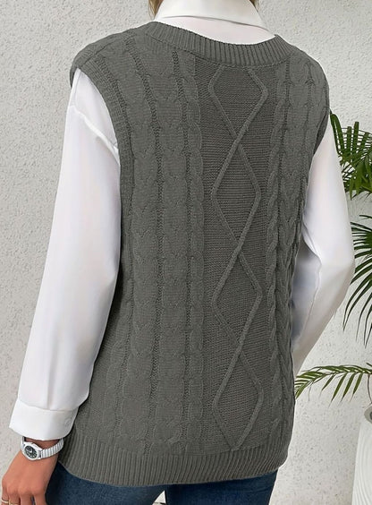 Dames Gebreide Trui Vest met V-hals, Kabelpatroon Relaxed Fit
