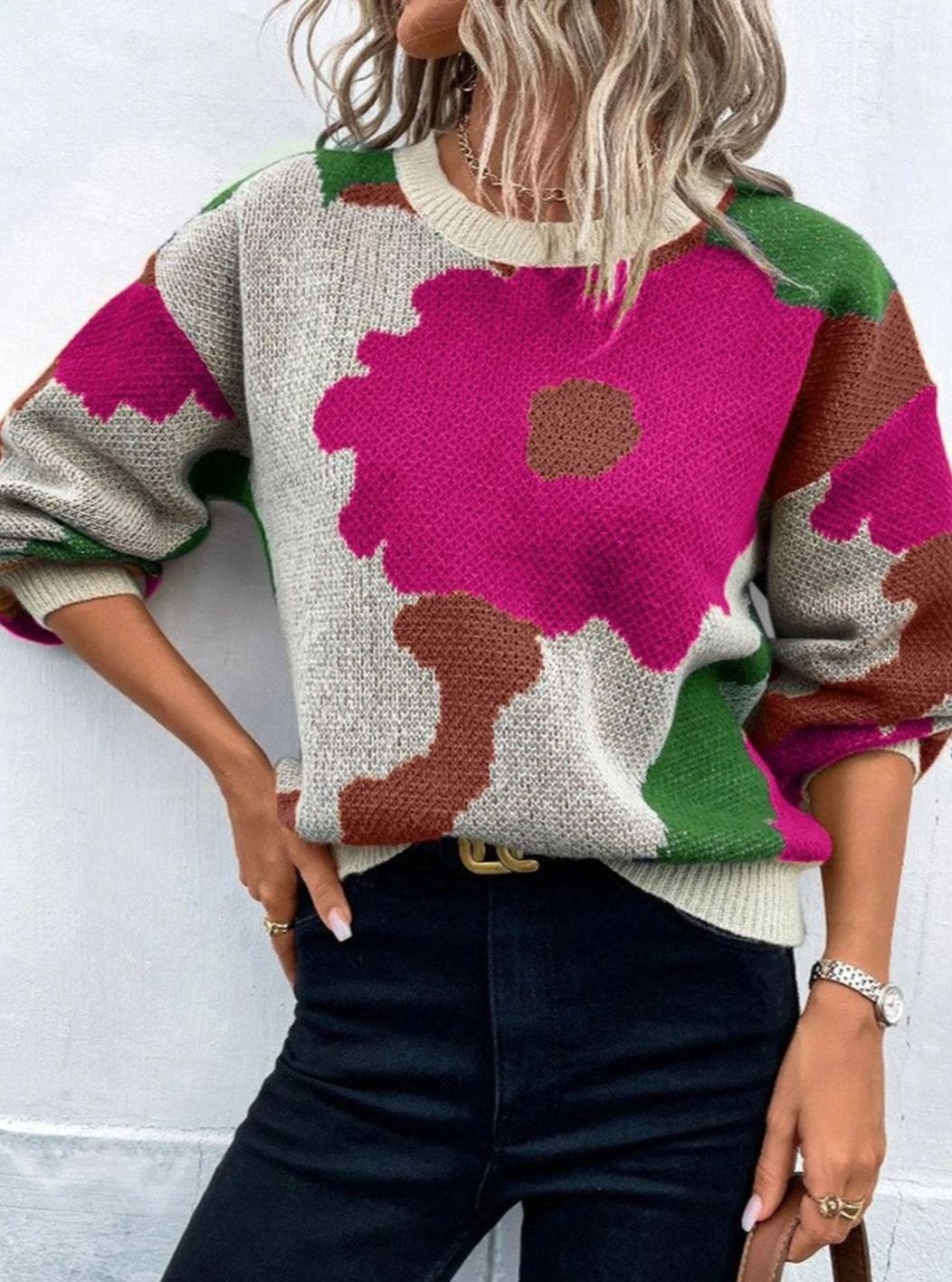 Dames Trui Bloemenprint Relaxed Fit Gebreide Pullover