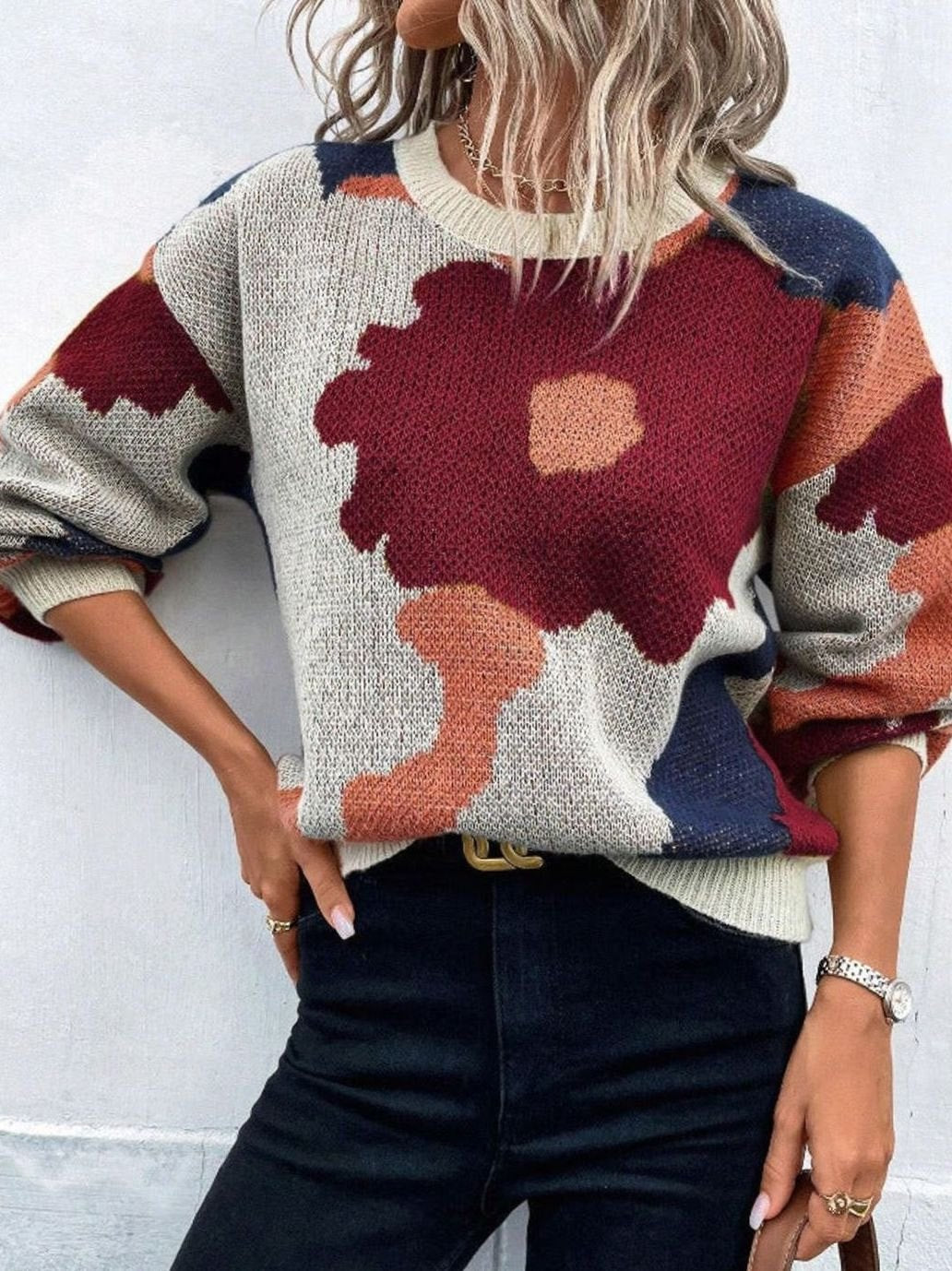Dames Trui Bloemenprint Relaxed Fit Gebreide Pullover