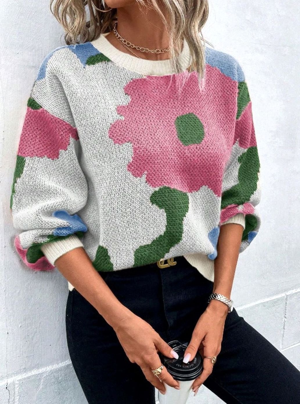 Dames Trui Bloemenprint Relaxed Fit Gebreide Pullover