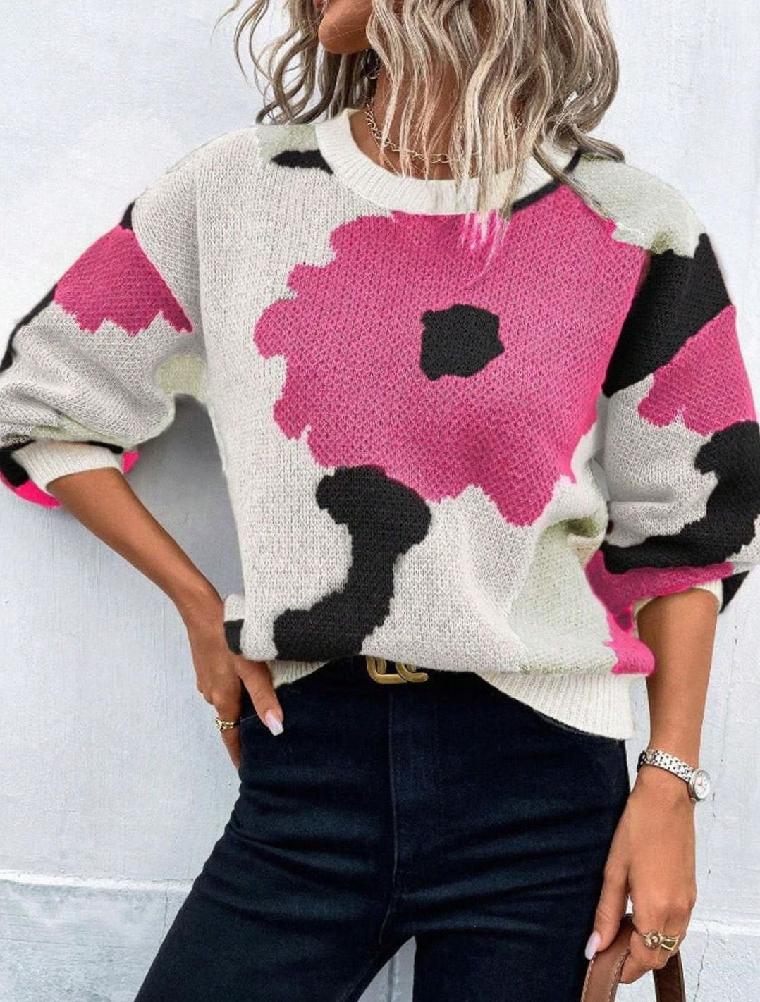 Dames Trui Bloemenprint Relaxed Fit Gebreide Pullover