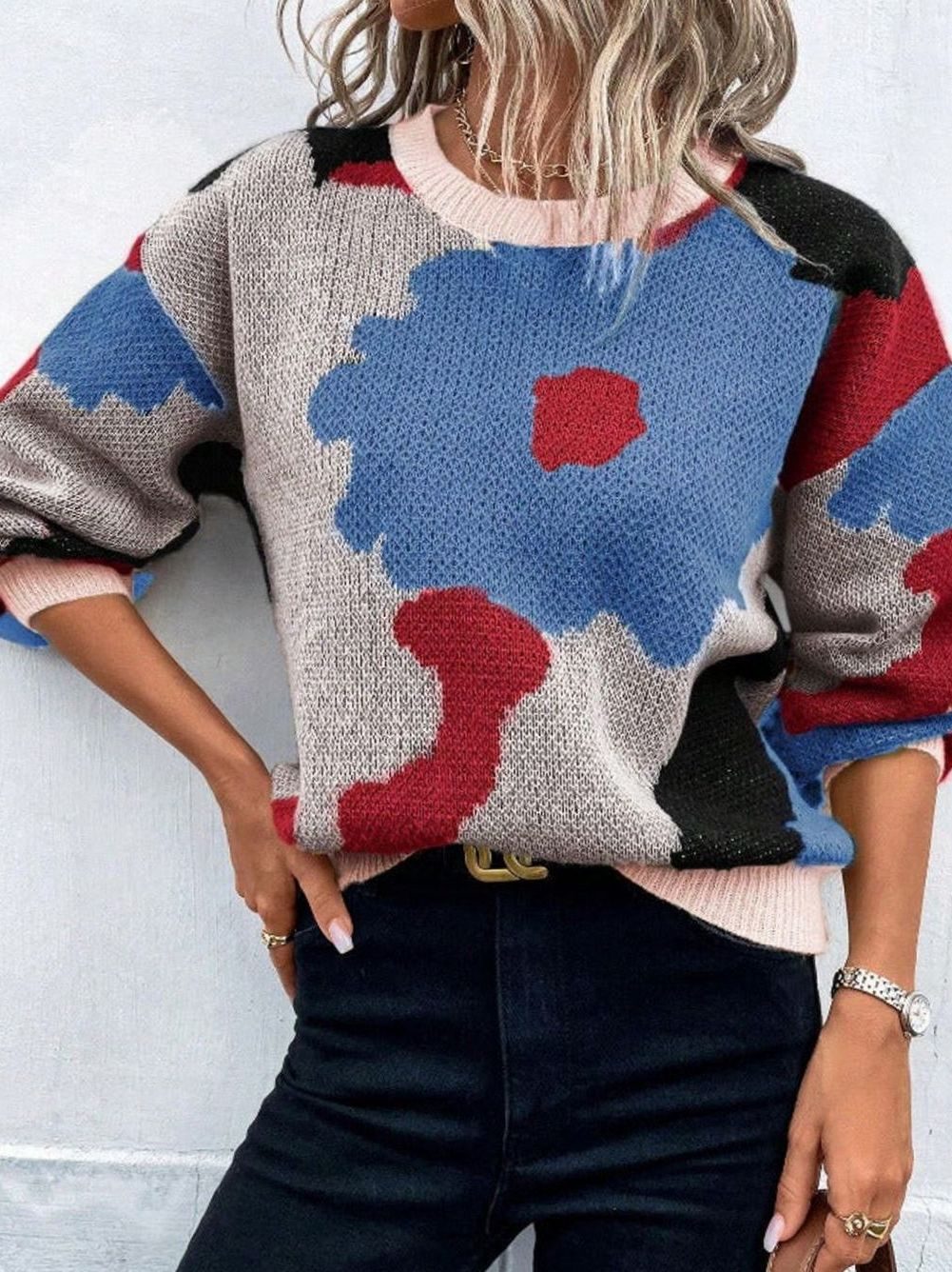 Dames Trui Bloemenprint Relaxed Fit Gebreide Pullover