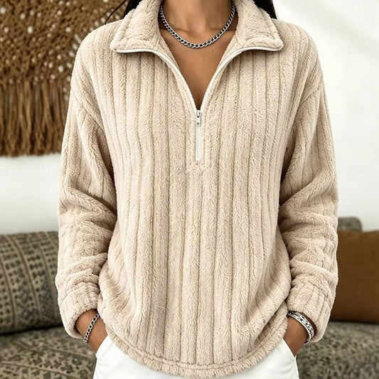 Dames Fleece Trui met Halve Rits - Ribgebreide Pullover