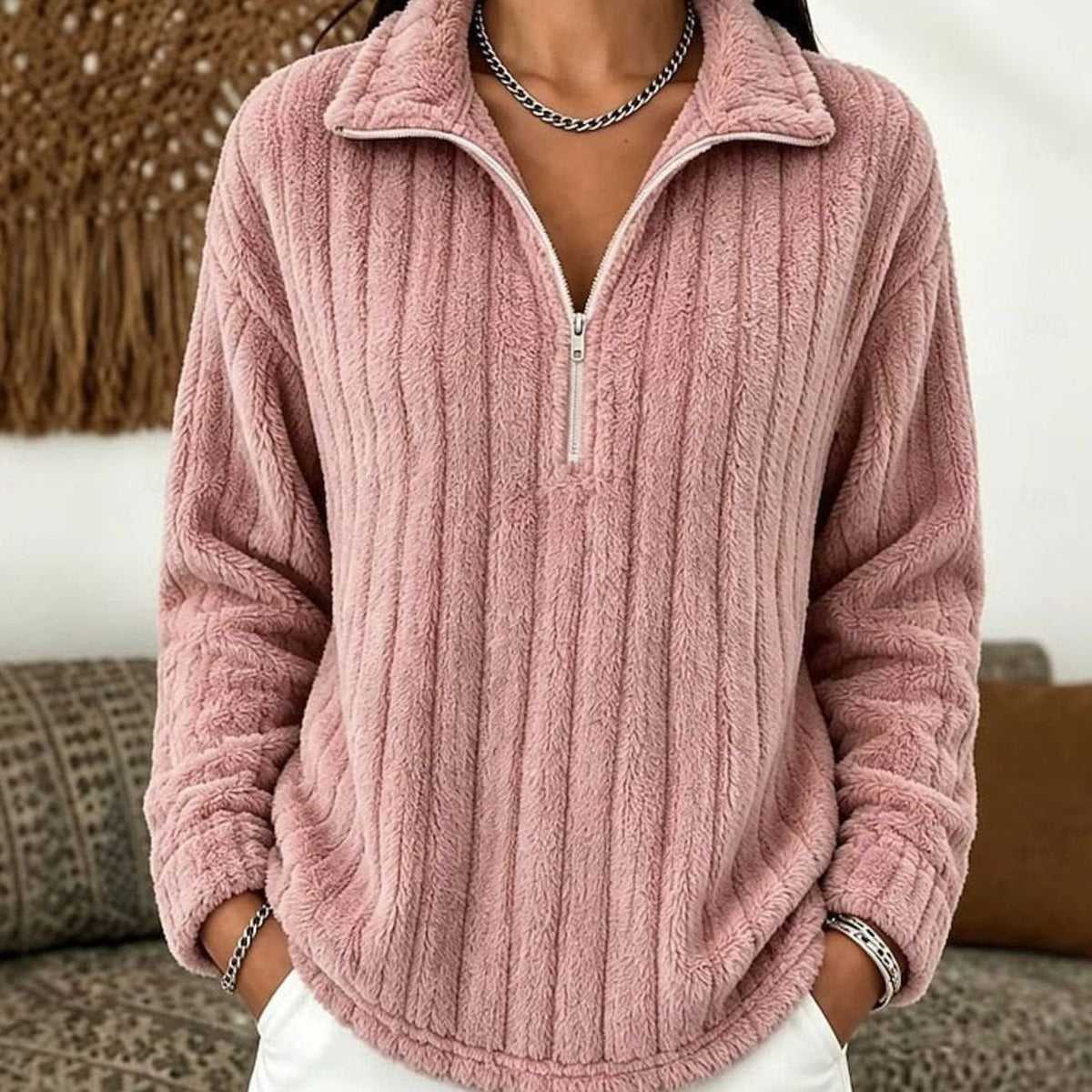 Dames Fleece Trui met Halve Rits - Ribgebreide Pullover