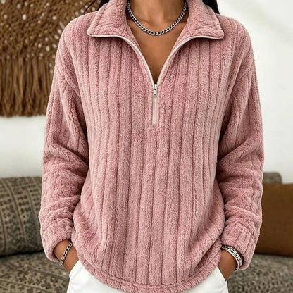 Dames Fleece Trui met Halve Rits - Ribgebreide Pullover