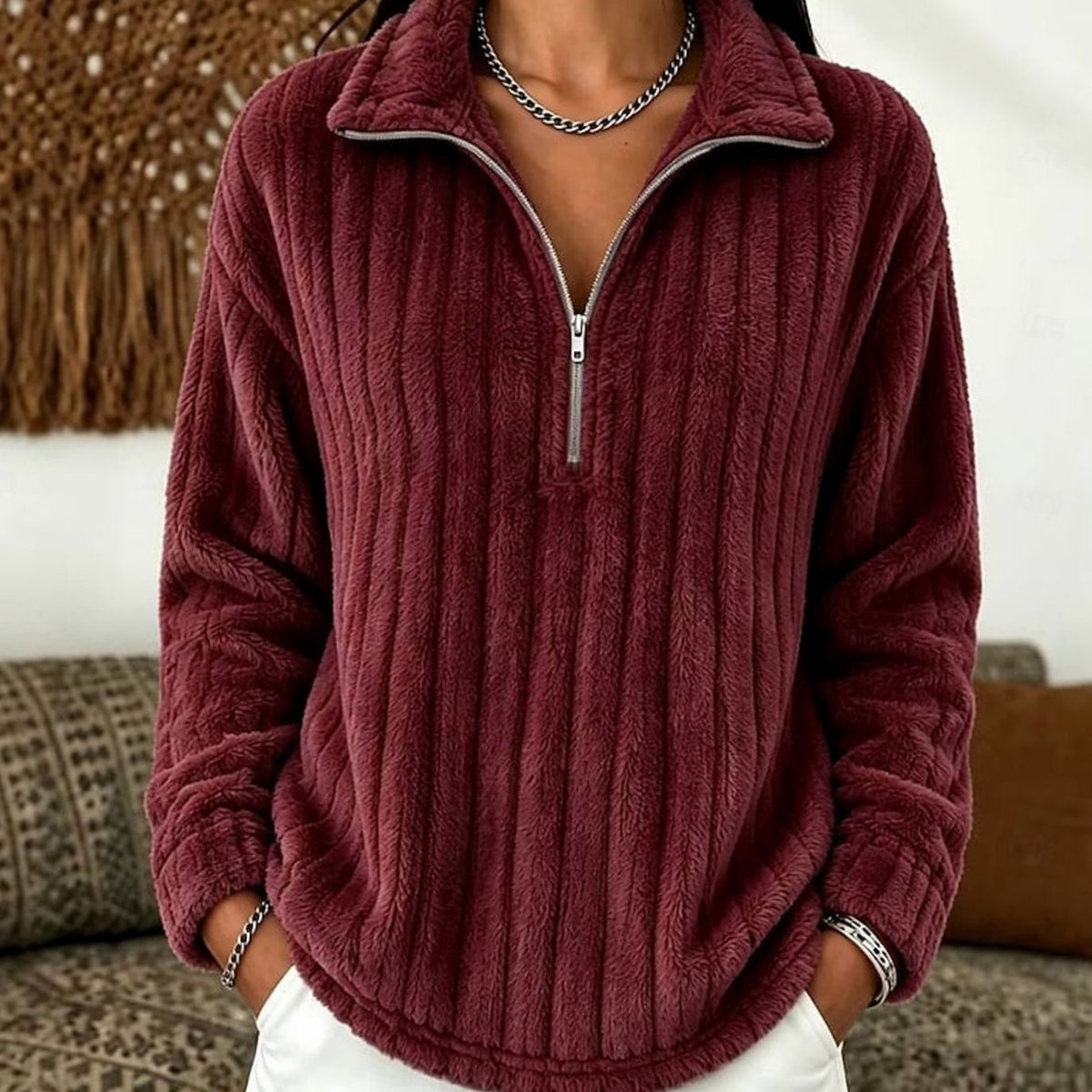 Dames Fleece Trui met Halve Rits - Ribgebreide Pullover