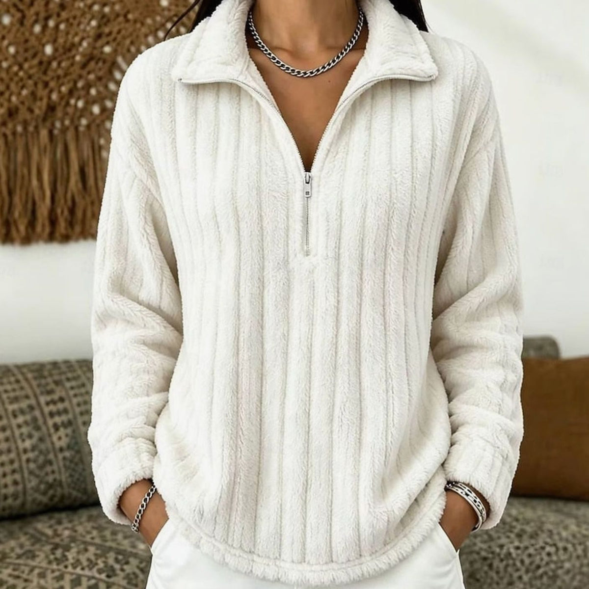 Dames Fleece Trui met Halve Rits - Ribgebreide Pullover
