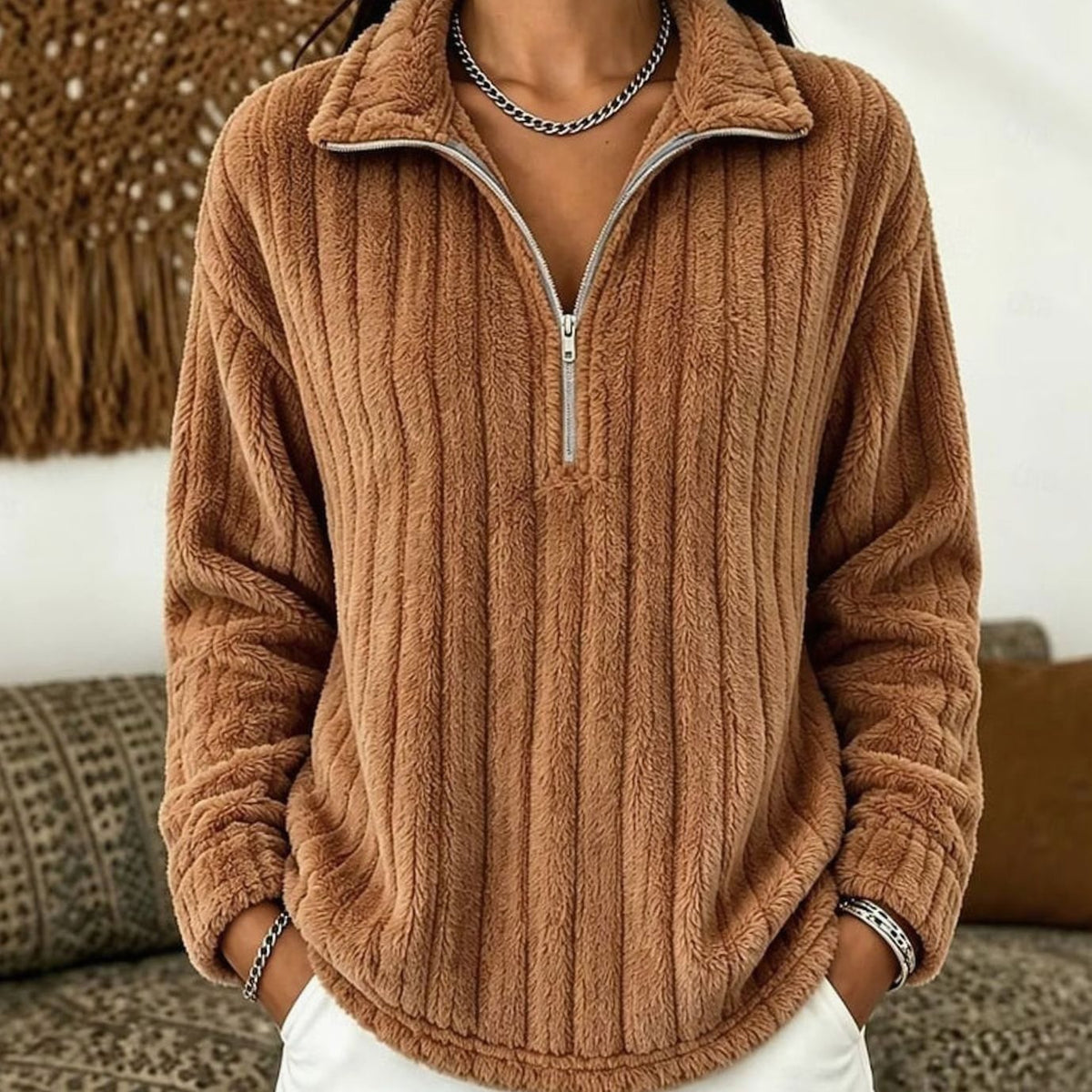 Dames Fleece Trui met Halve Rits - Ribgebreide Pullover
