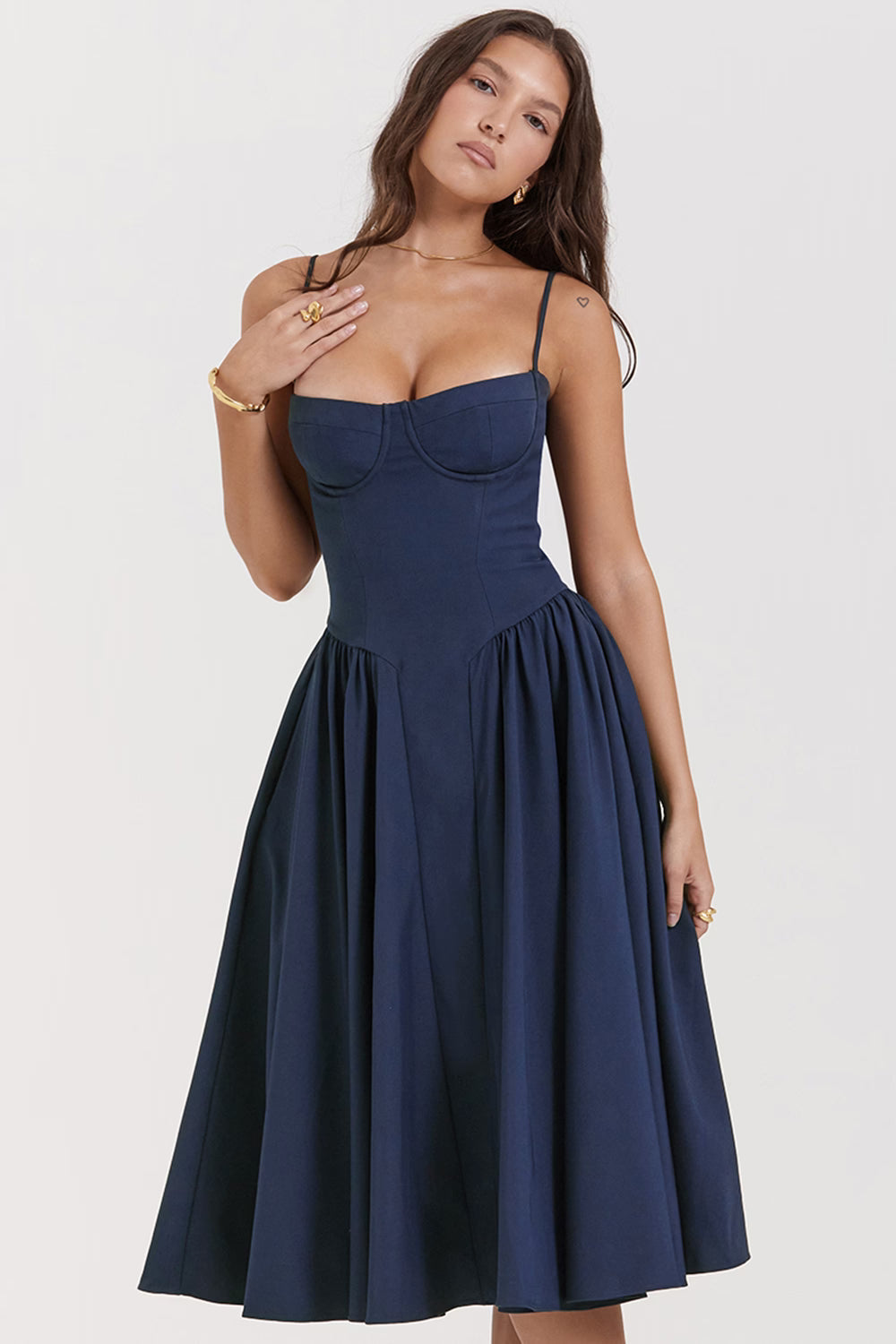 Navy blue corset midi dress close-up of sweetheart bodice detail