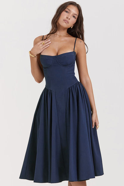 Navy blue corset midi dress close-up of sweetheart bodice detail