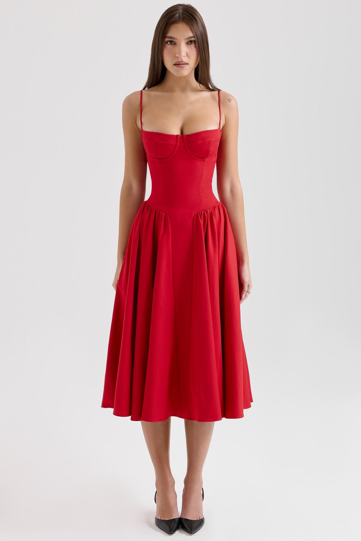 Red sweetheart corset midi dress with full gathered skirt