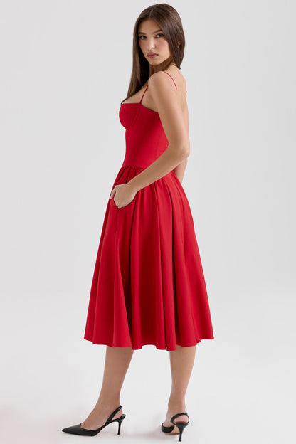 Red corset midi dress side view showing structured bodice