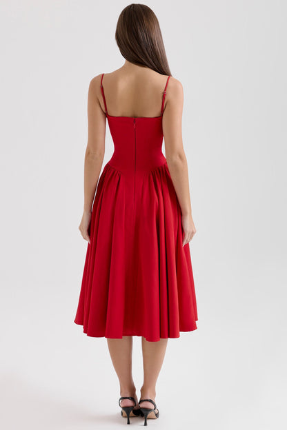 Red sweetheart corset midi dress back view with thin straps