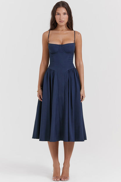Navy blue sweetheart corset midi dress with full skirt front view