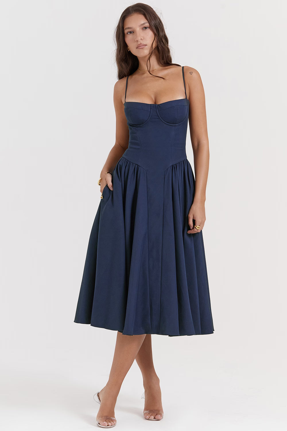 Dark navy corset midi dress with spaghetti straps and pleated skirt