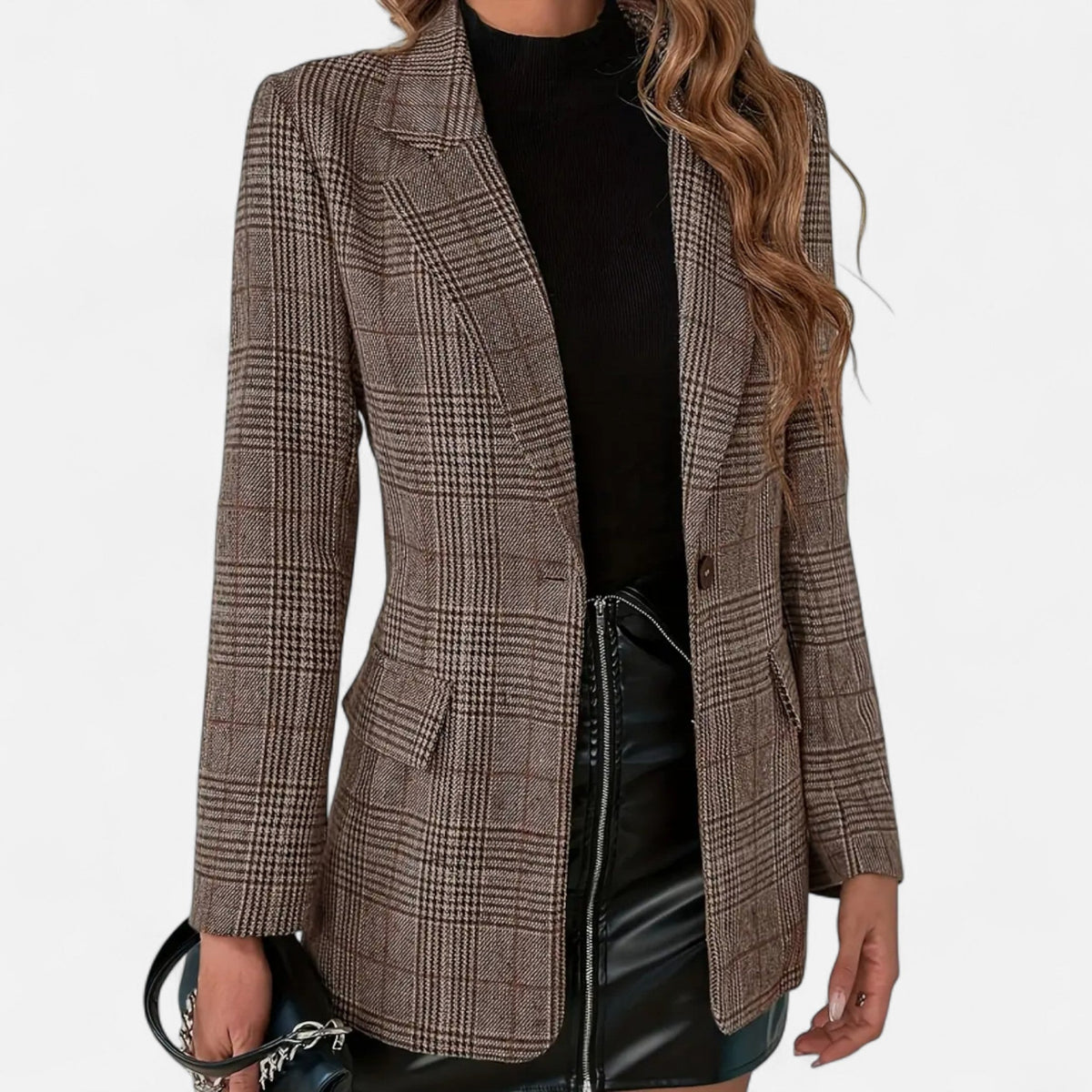 Dames Blazer Ruitmotief met Gestikte Kraag en Klepzakken