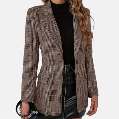 Dames Blazer Ruitmotief met Gestikte Kraag en Klepzakken
