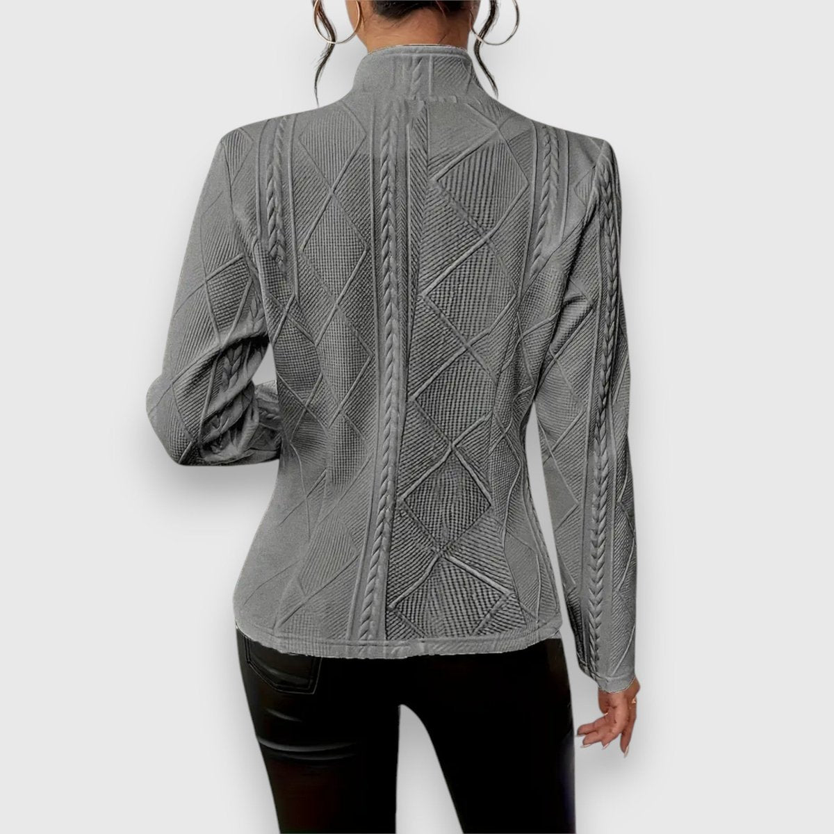 Scarlett women's cable-knit mock-neck long-sleeve fitted sweater by Christine Brewer, featuring a cozy knit pattern and snug fit.