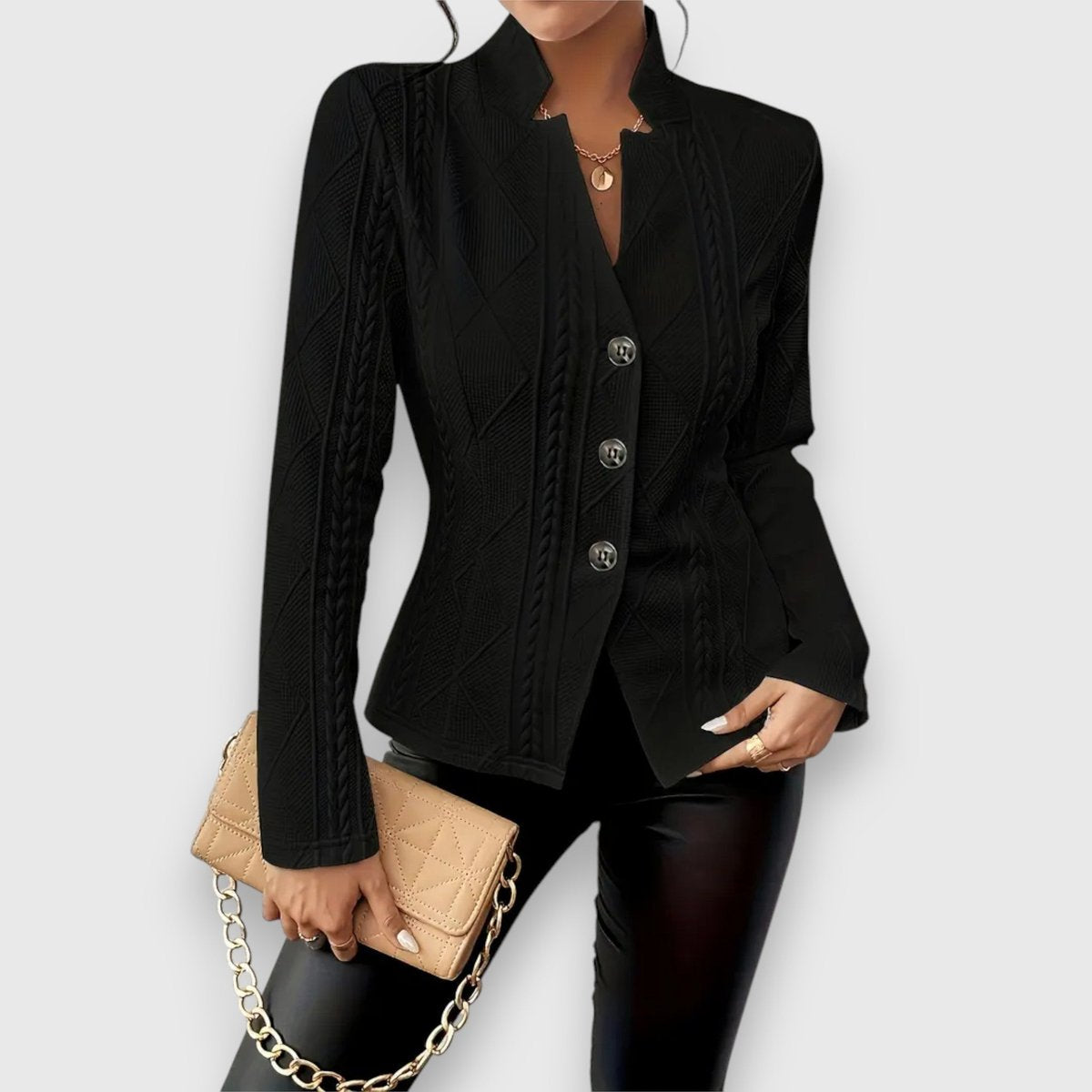 Scarlett women's cable-knit mock-neck long-sleeve fitted sweater by Christine Brewer, featuring a cozy knit texture and slim fit.