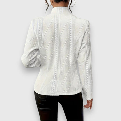 Scarlett women's cable-knit mock-neck long-sleeve fitted sweater by Christine Brewer, showcasing textured knit and fitted silhouette.