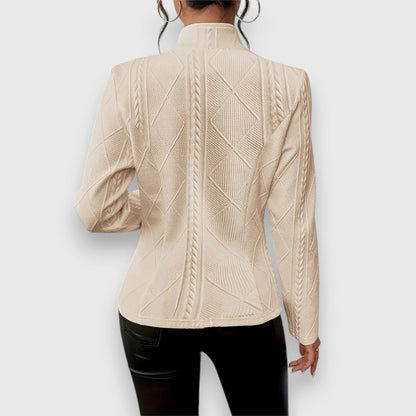 Scarlett women's cable-knit mock-neck long-sleeve fitted sweater by Christine Brewer, showcasing a cozy, stylish knit design.