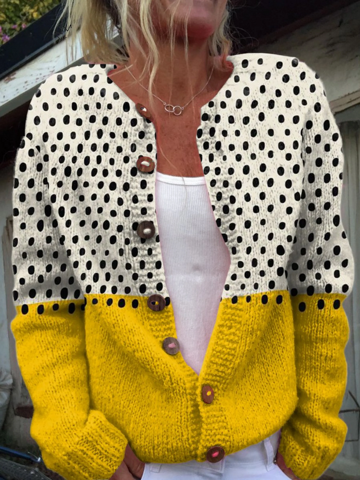 Dames Vest Polkadot met Knopen en Geribbelde Boorden