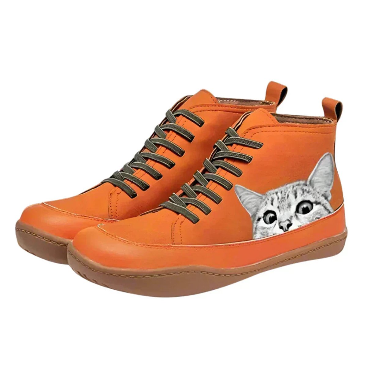 Women's Cat Print Lace-Up Leather Ankle Boots - Orange
