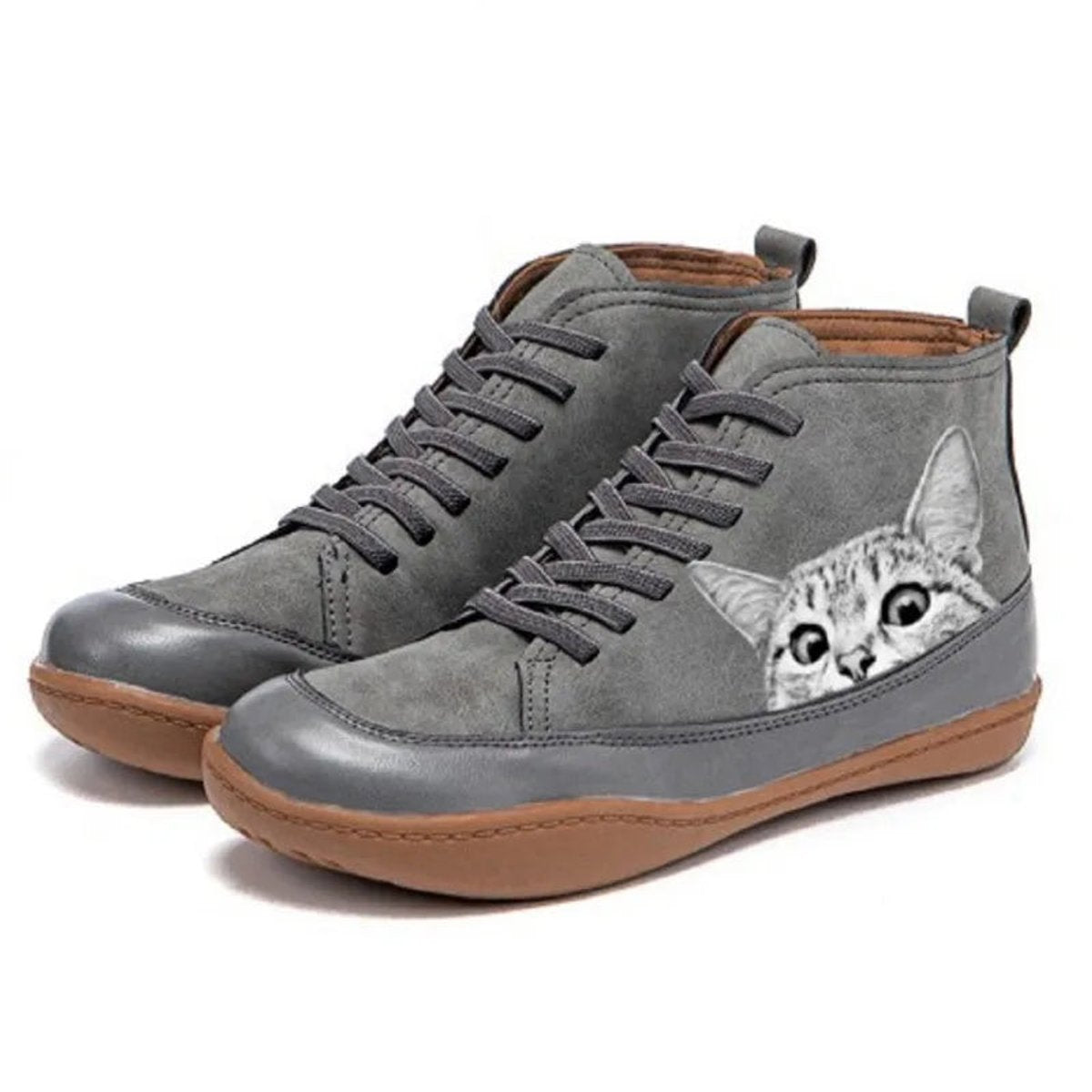 Women's Cat Print Lace-Up Leather Ankle Boots - Grey
