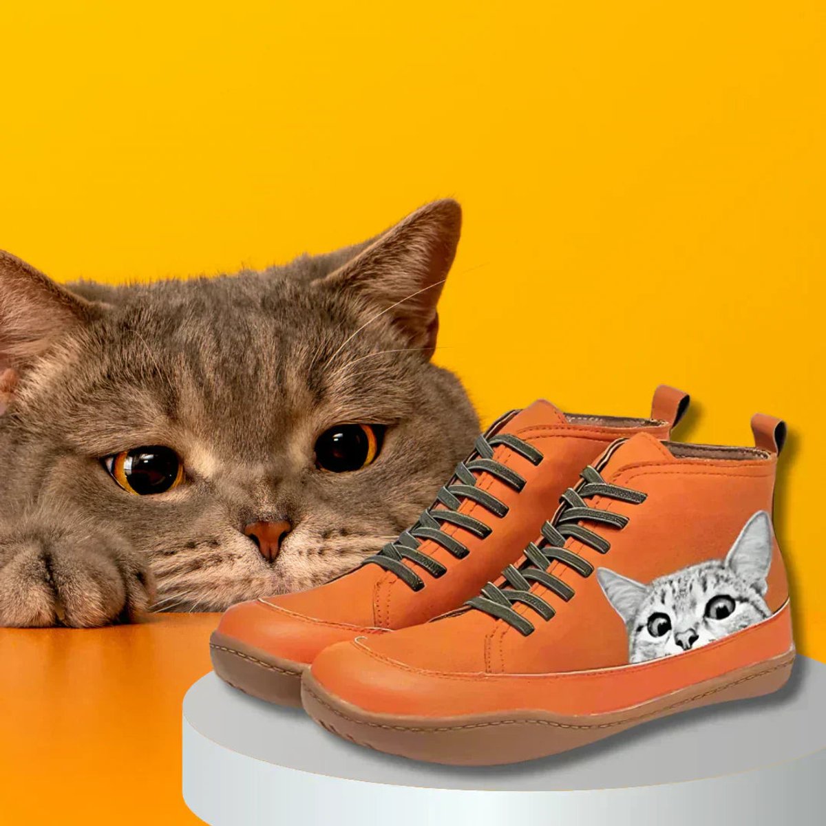 Women's Cat Print Lace-Up Leather Ankle Boots