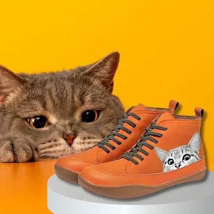 Women's Cat Print Lace-Up Leather Ankle Boots