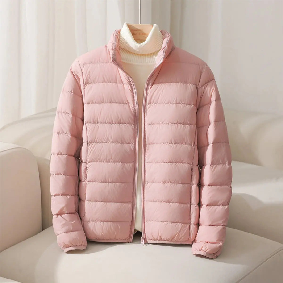 Women's Coat Lightweight Quilted Puffer Jacket Stand Collar - Pink