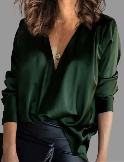 Dames Slim Fit Blouse – Met V-hals en Lange Mouwen, Geschikt voor Werk en Dagelijks Gebruik