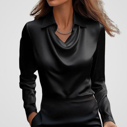 Women's Elegant Draped-Neck Long-Sleeve Satin Blouse