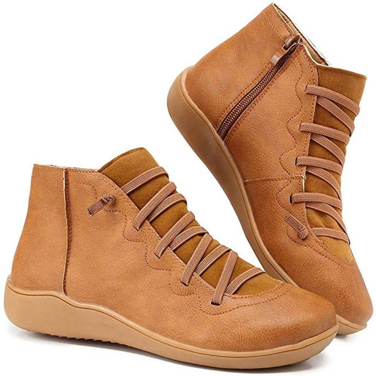 Women's Flat Lace-Up Side-Zip Faux Leather Ankle Boots - Brown