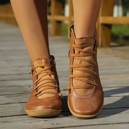 Women's Flat Lace-Up Side-Zip Faux Leather Ankle Boots